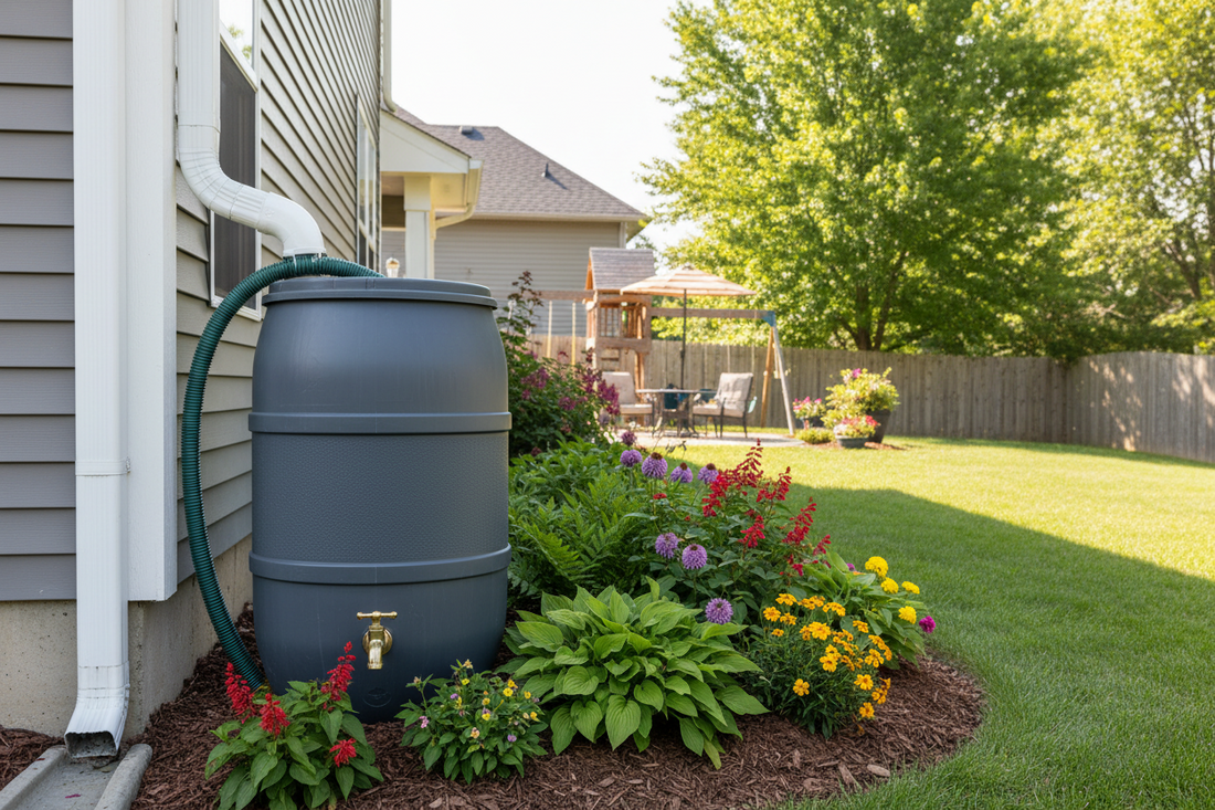  Modern rainwater harvesting system installed in American suburban backyard showing rain barrel connected to downspout with overflow kit and spigot for garden watering