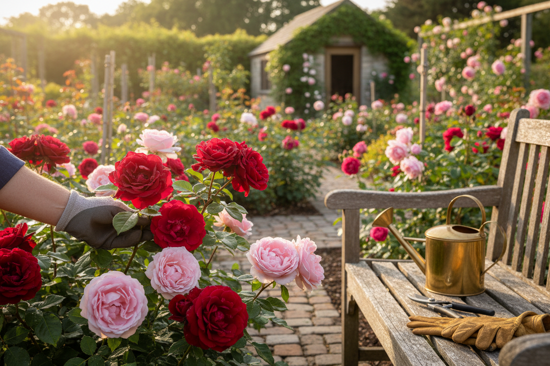 Expert gardener tending to vibrant blooming roses with professional care tools in a well-maintained garden
