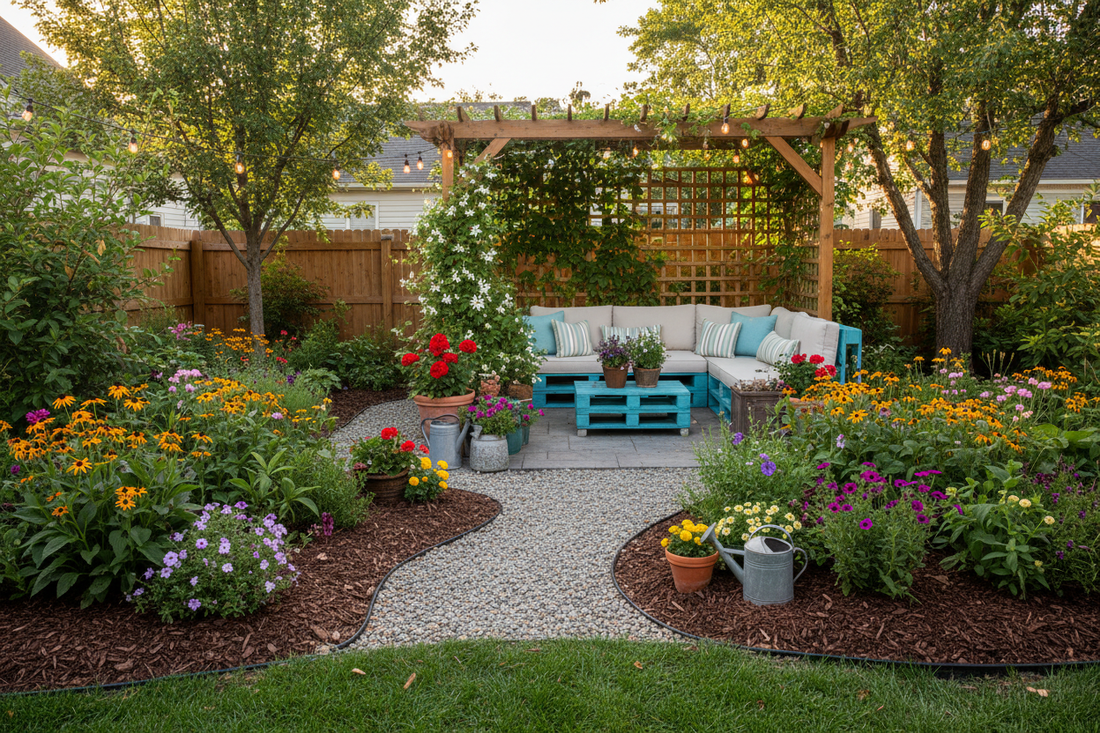 Beautiful small backyard with budget-friendly landscaping featuring native plants, gravel pathway, and DIY outdoor furniture