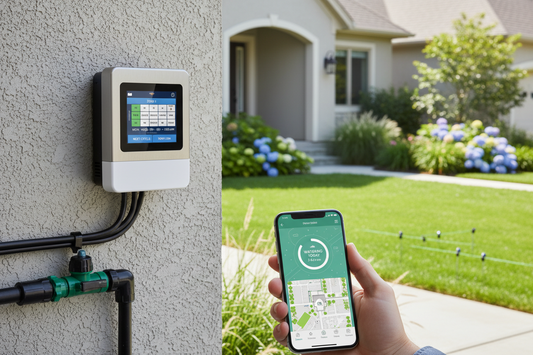 Modern smart WiFi sprinkler controller mounted on wall with digital display showing watering schedule and smartphone displaying irrigation app for automated garden watering in American suburban home