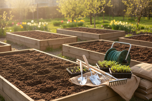 Spring garden preparation with tilled soil, gardening tools, seedlings, and compost ready for planting season