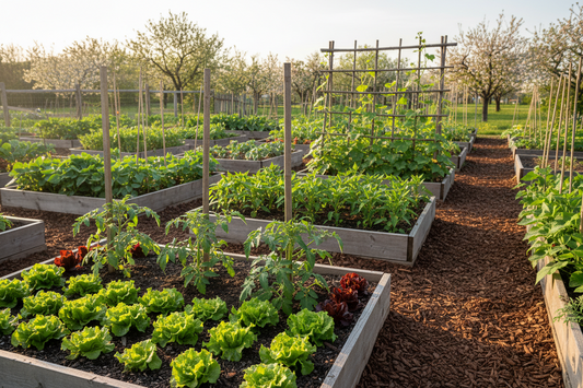 Spring vegetable garden with freshly planted tomato seedlings, pepper plants, cucumber vines on trellis, green beans, and lettuce in raised beds with mulched pathways under bright sunlight