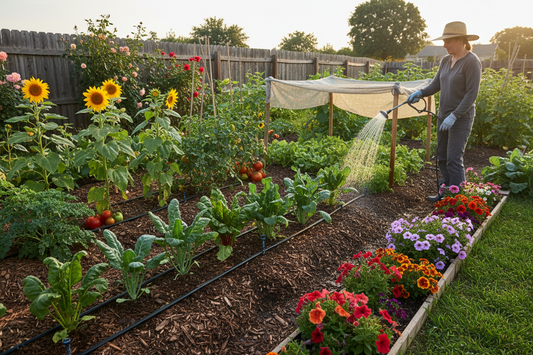 "Healthy garden with lush green plants, mulched soil, and drip irrigation system during summer heat, showing proper maintenance techniques including shade protection and early morning watering