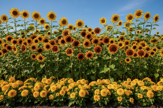 Diverse sunflower varieties including giant, branching, and dwarf types growing in a sunny garden