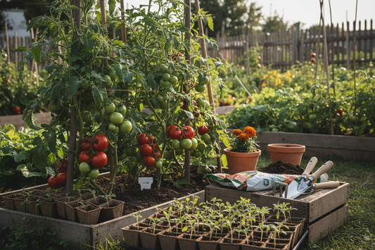 Healthy tomato plants with ripe red tomatoes on the vine and seedlings in starter trays