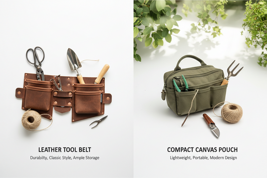 Side-by-side comparison of a leather tool belt and canvas tool pouch with garden tools including pruning shears and hand trowel on white surface