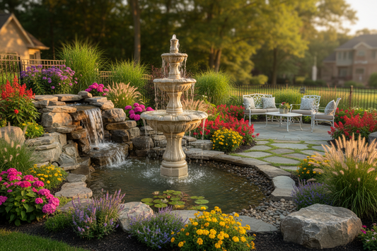 Beautiful backyard water feature oasis with elegant tiered fountain and waterfall spillway flowing into pond surrounded by lush landscaping and flowers in American suburban garden creating peaceful outdoor living space