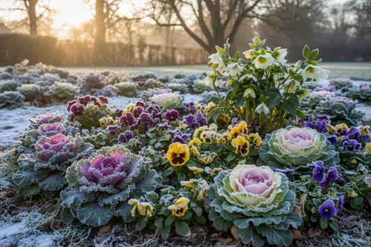 Frost-covered winter garden featuring cold-hardy kale, purple winter pansies, ornamental cabbage, and white hellebore flowers blooming through light snow with sparkling morning frost