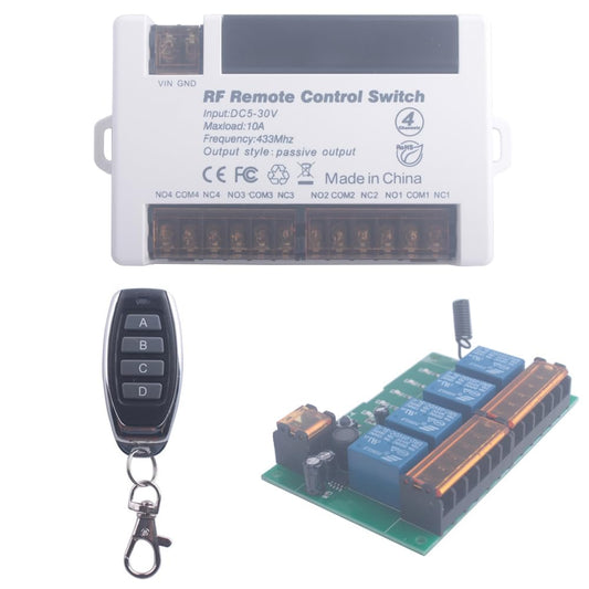 12V 24V 2 Channels Wireless Relay Remote Control Switch, RF 433Mhz DC 5V-30V Garage Door Opener Wireless Switch with Receiver 2 Transmitters, Easy to Terminal Wiring (4CH 1* Controller 433Mhz)