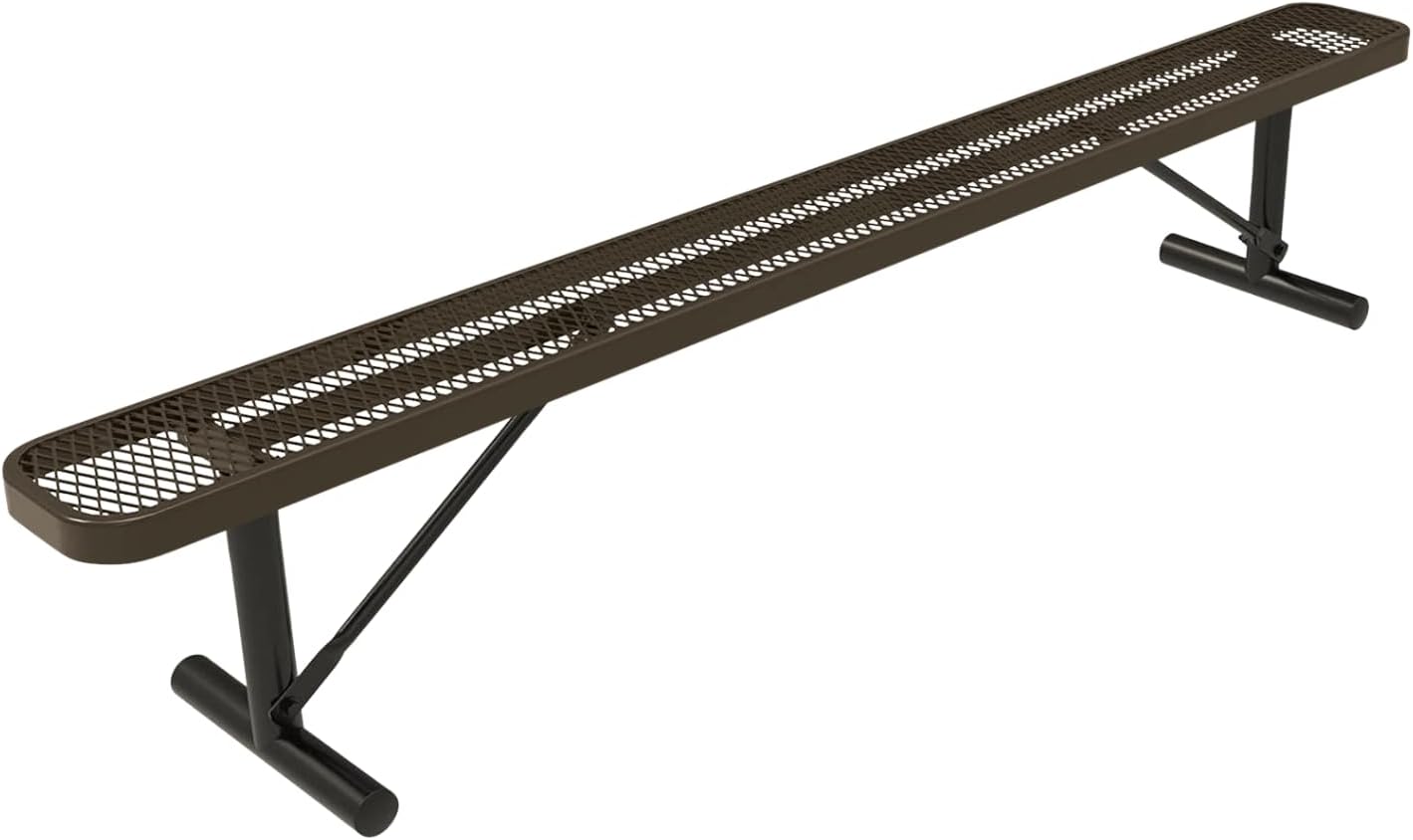 Heavy-Duty Portable Outdoor Bench Thermoplastic Coated, Expanded Metal, Commercial-Grade Seating, Made in America (Portable Without Back, 8 Ft, Textured Brown)