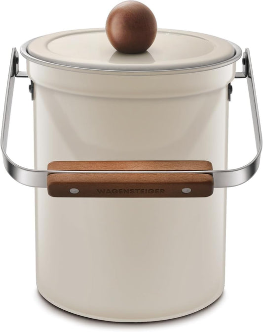 Kitchen Countertop Compost Bin 101ounces / 3Liters, Airtight Lid SUS304 Stainless Steel Odor-Free Food Waste Bin with Wooden Handle Stylish Design Bathroom Trash Can (Off-White)