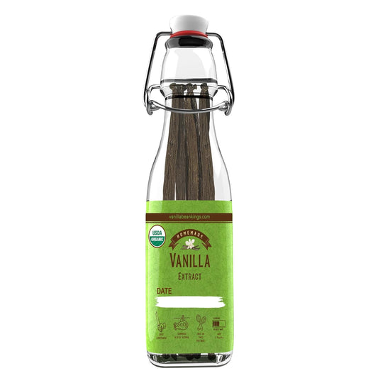 Homemade Vanilla Extract Kit | DIY | 1 Ounce of Premium Organic Madagascar Grade A Vanilla Beans 6-7 inches (Appoximately 8-10 Beans) with 8.5 oz Swing Top Glass Bottle