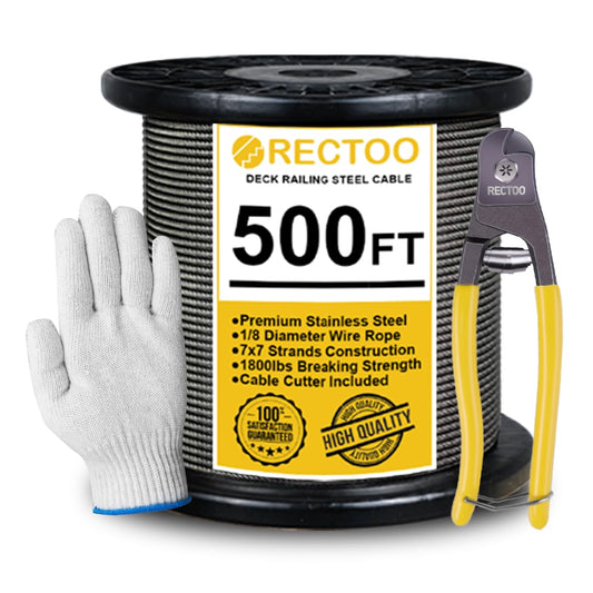 Black 500FT 1/8" T316 Stainless Steel Cable with Cutter, 7x7 Strands Aircraft Wire Rope for Deck Railing, Stair Handrail, Porch Fence, High Strength for Indoor and Outdoor Use