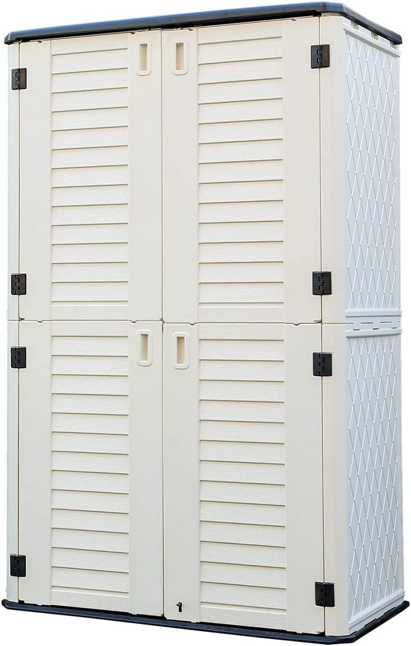 HOMSPARK Storage Shed Weather Resistance, Multi-Purpose Outdoor Storage Cabinet Waterproof, Outdoor Storage Cabinet for Garbage Cans, Lawnmower, Garden Accessories (White, Tall shed-53 cu ft)