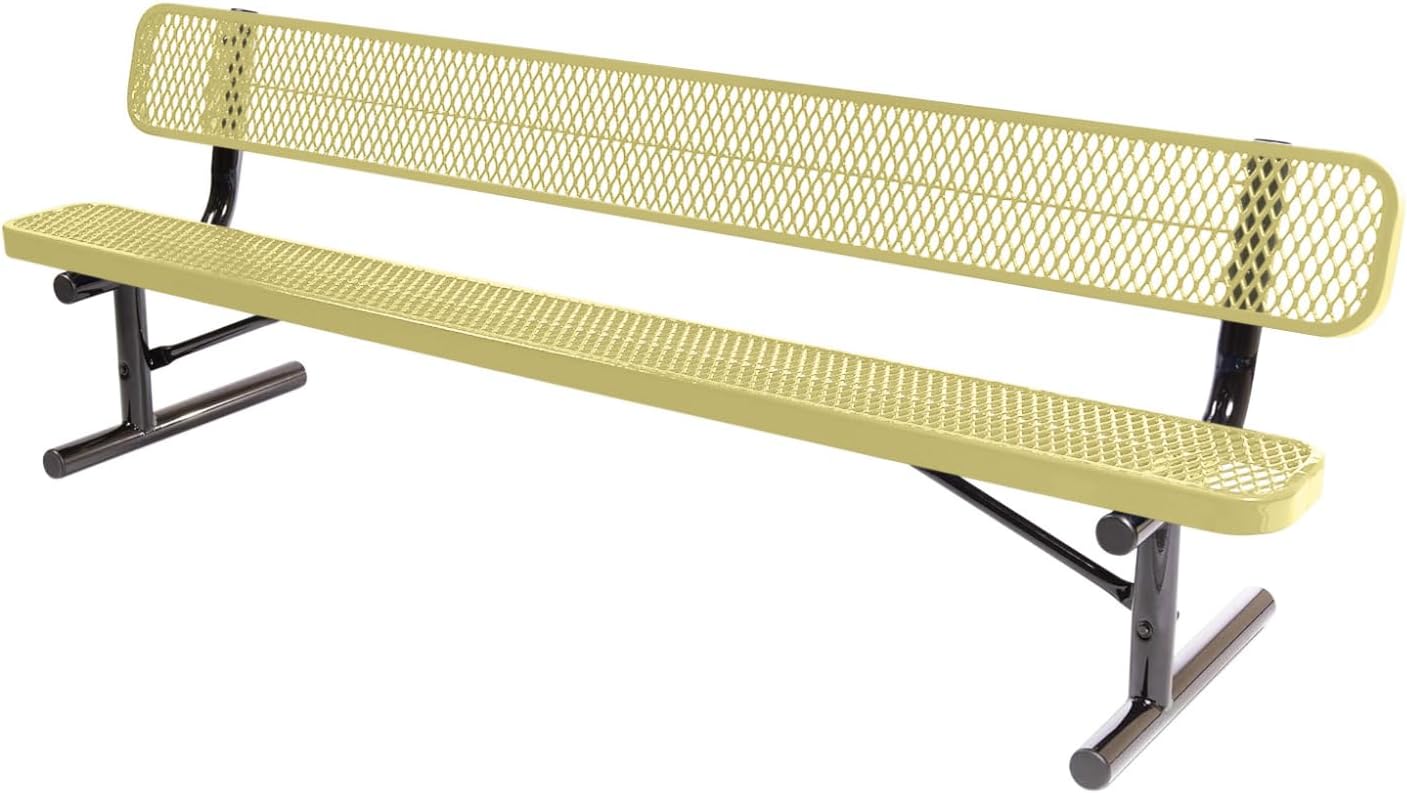 Heavy-Duty Portable Outdoor Bench Thermoplastic Coated, Expanded Metal, Commercial-Grade Seating, Made in America (Portable with Back, 8 Ft, Textured Sandstone)