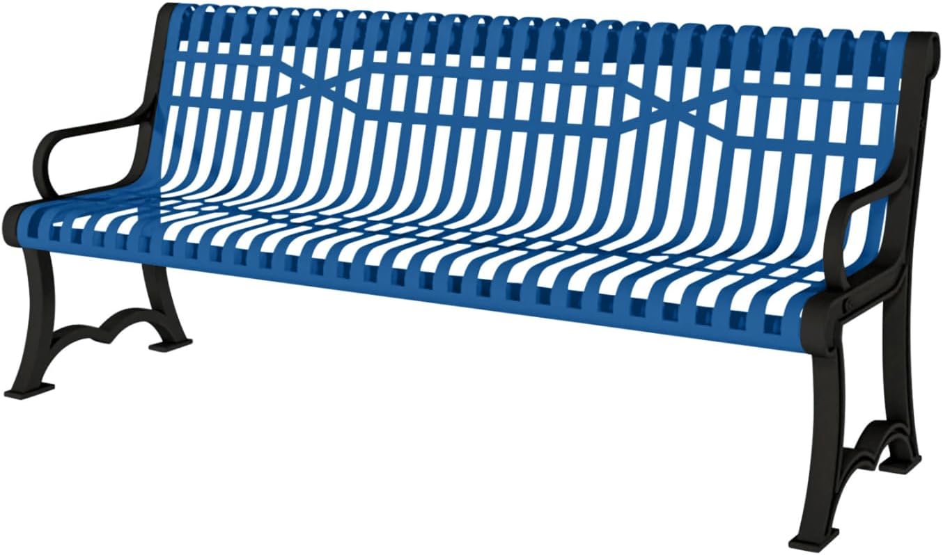 Heavy-Duty Outdoor Bench Thermoplastic Coated, Slatted Steel, Commercial-Grade Garden Bench, Made in America (Portable with Back, 4 Ft, Textured Light Blue)