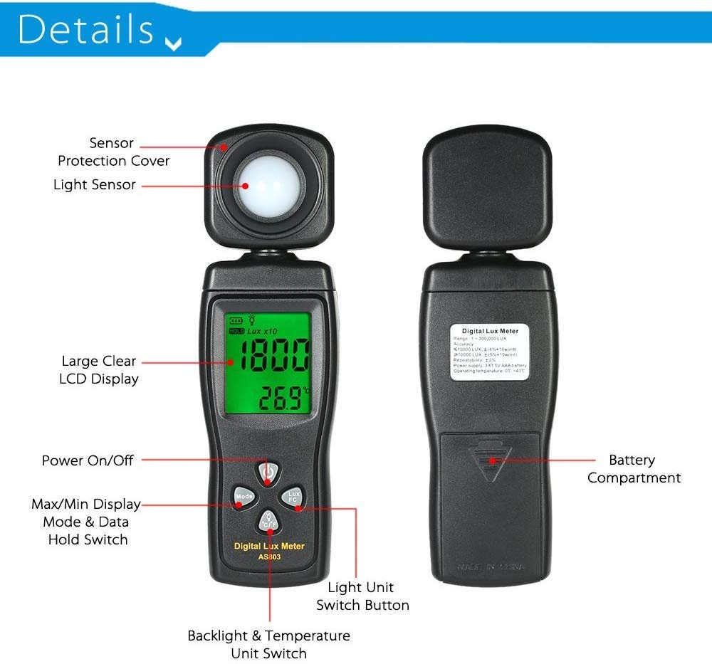 Digital Lux Meter, Illuminometer, Photometer, 0～200,000 Lux Measure Range, Lux/FC Unit Selection for Homes, Agriculture, Warehouses, Farms, Stage, Stadiums