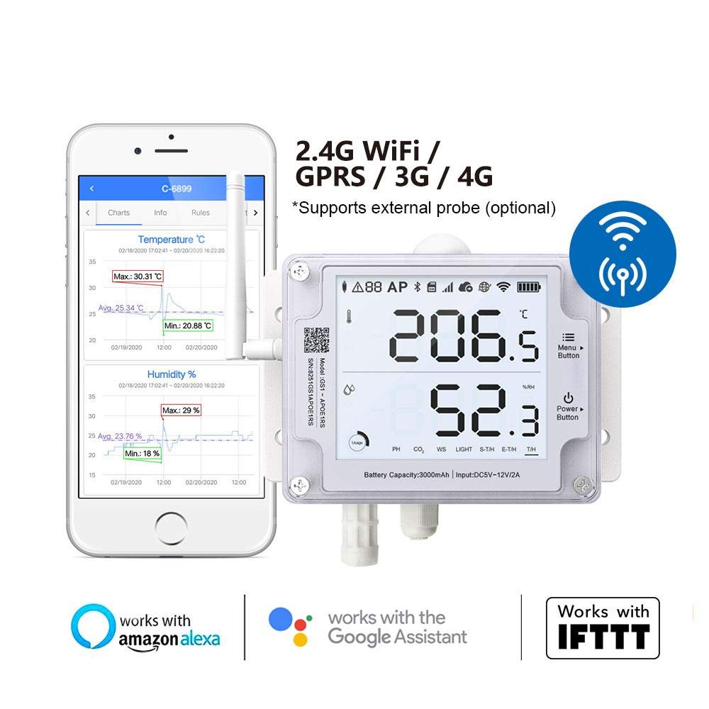 Ubibot Thermometer Hygrometer, Wireless Temperature Data Logger, Remote Humidity Monitor for Refrigerated Truck Free App Email Alarm, IFTTT 2.4GHz only (GS1-AL4G1RS WiFi & SIM)