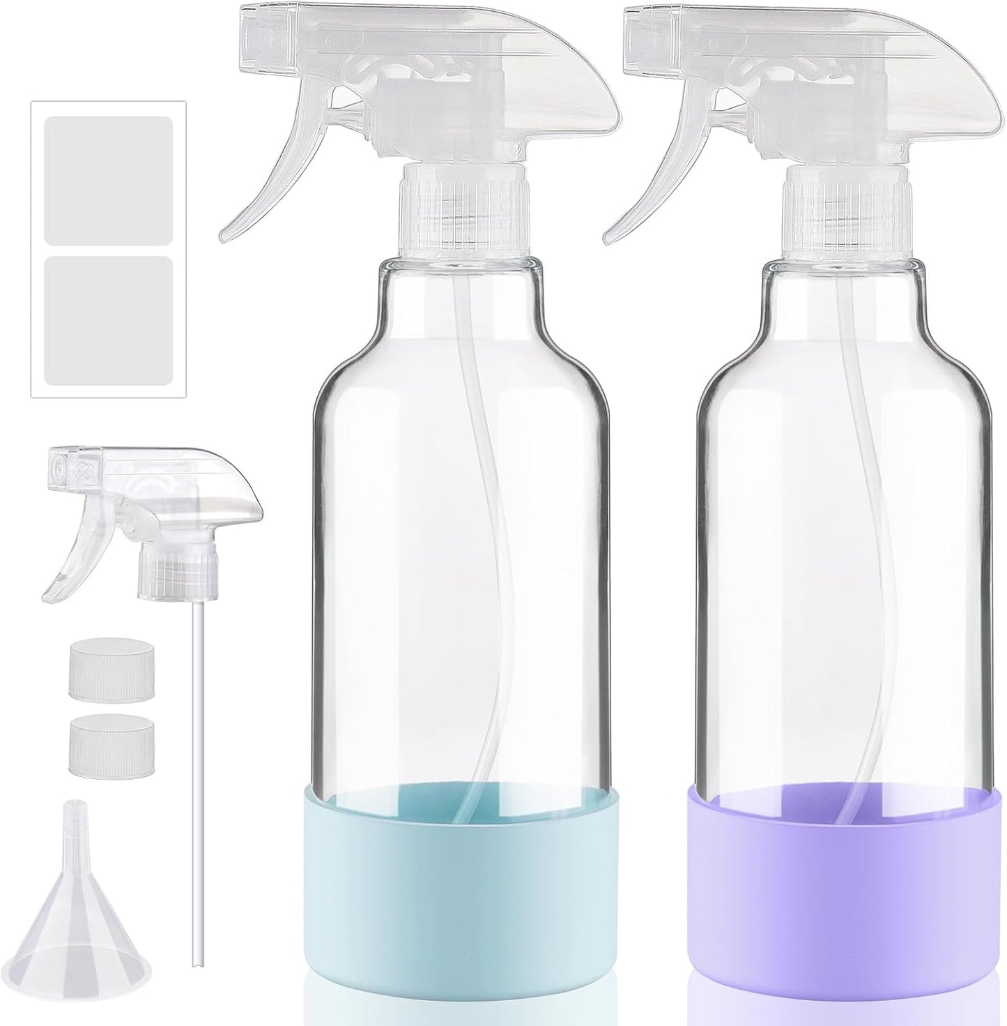 Glass Spray Bottles with Silicone Sleeve, 2 Pack 16.9oz Refillable Containers with Adjustable Spray Nozzles, Empty Spray Bottle for Cleaning Solutions, Hair, Plants (Light Blue+Purple)