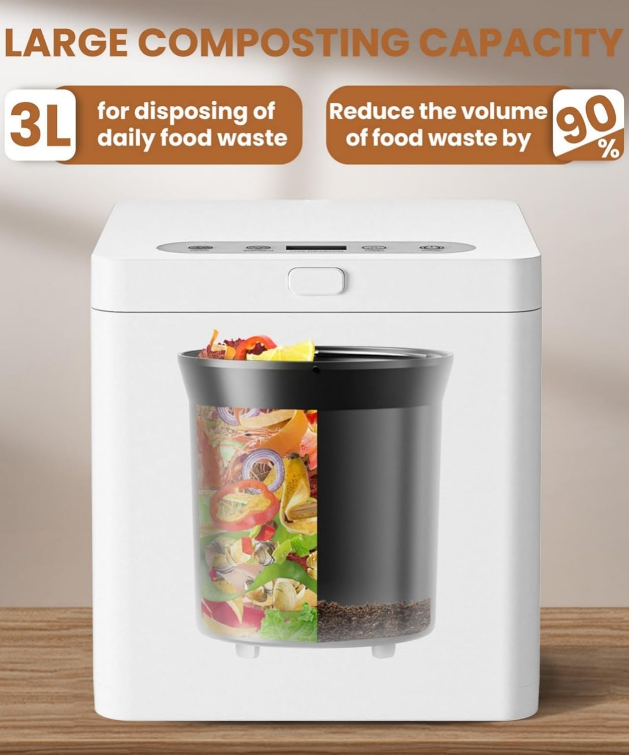 3L Electric Composter for Home, Kitchen Compost Bin for Countertop, Odorless/Auto-Clean/LED Display, One-Touch Composting to Handle Daily Household Food Waste.