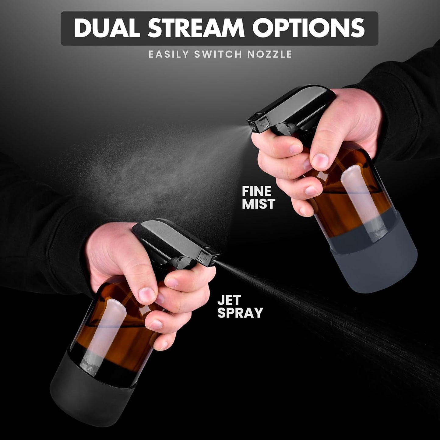 16oz Empty Glass Spray Bottle with Silicone Sleeve Protection - Refillable Containers for Cleaning Solutions, Essential Oils, Misting Plants - Including 2 Sprayers (Amber, 2 PACK)