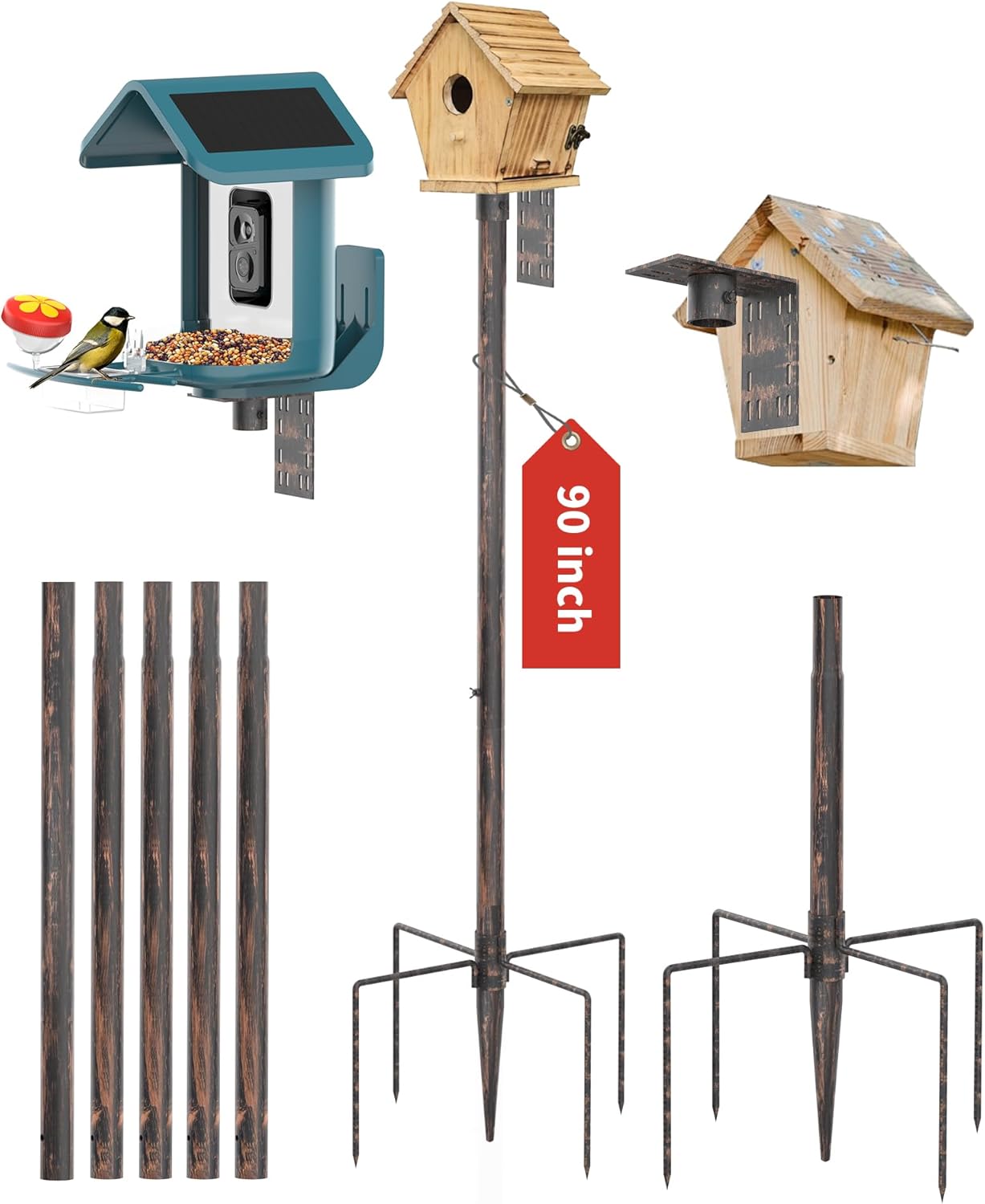 Bird Feeder Pole Stand – 90 Inch Height Feeding Station with 1-Inch Dia Heavy Duty for Hanging Feeders, Bird House Pole Mount Kit for Outdoor, Slip-Fit Connection，Copper Brushed