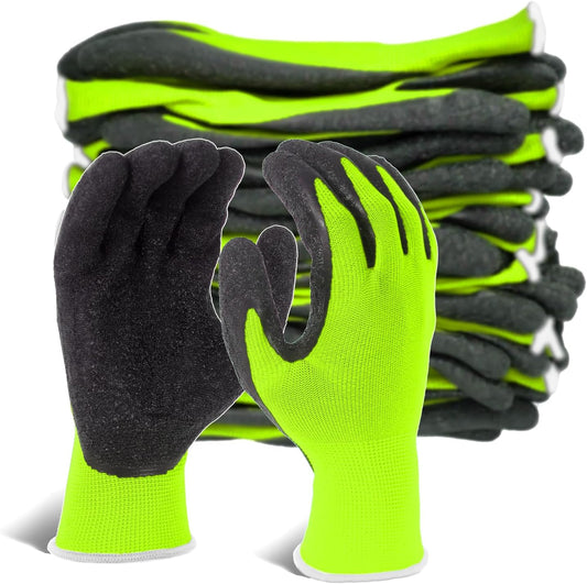 Evridwear Crinkle Latex Rubber Hand Coated Safety Work Gloves for Men Women General Multi Use Construction Warehouse Gardening Assembly Landscaping (Medium,Green- 12Pair)