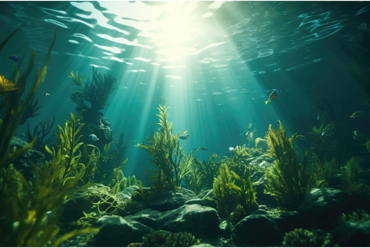 Ocean Aquarium Background Aquatic Plants with Rocks Terrarium Backdrop Sunlight Rays Deep Sea Fish Tank Background Aquarium Wallpaper Poster Decor Vinyl 72x18in