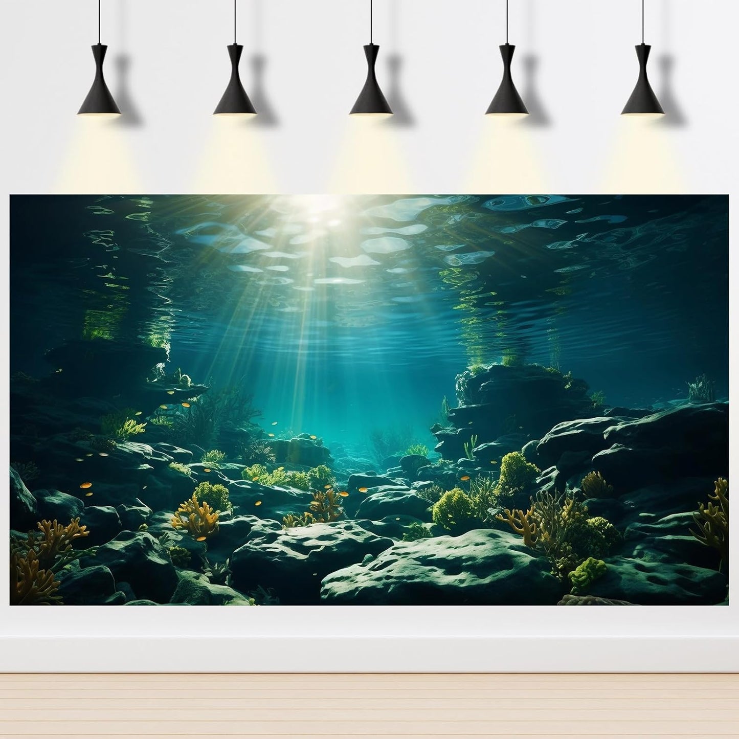 Aquarium Background Underwater Aquatic Plants Rocks Fish Terrarium Backdrop Sunlight Rays Coral Fish Tank Background Cave Style Landscape Sea Grass Tank Wallpaper Poster Vinyl 24x12in