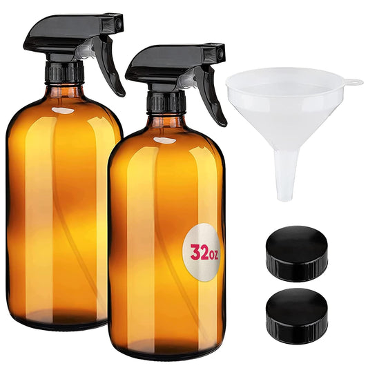 kitchentoolz Large 32oz Amber Glass Gardening Spray Bottles with Funnel - Refillable Trigger Sprayer Container for Plant Misting, Hair Salon, Indoor and Outdoor