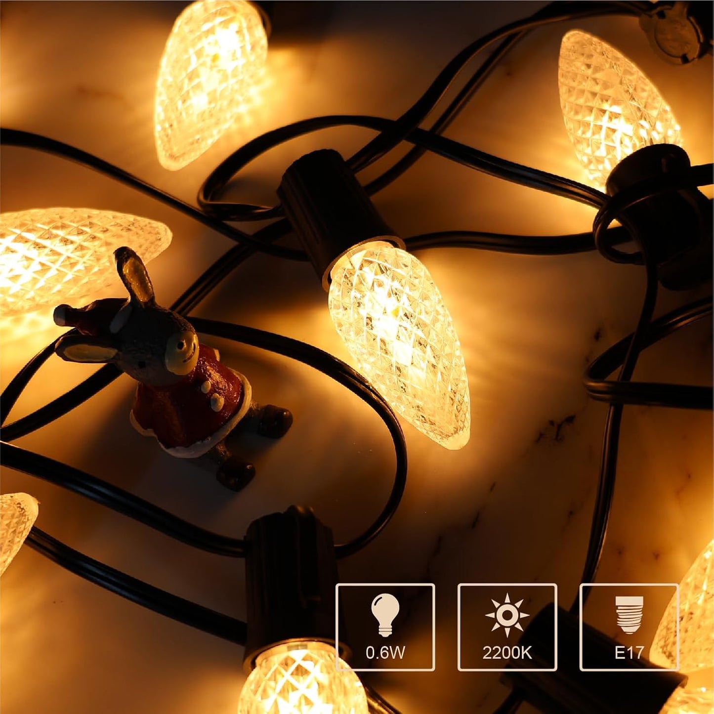 C9 Christmas Replacement LED Light Bulbs, E17 Base Commercial Grade Holiday Bulbs, 4W 5W 6W 7W Incandescent Equivalent, Warm White 2200K, Clear Plastic Bulbs for Christmas String Light - 50 Pack