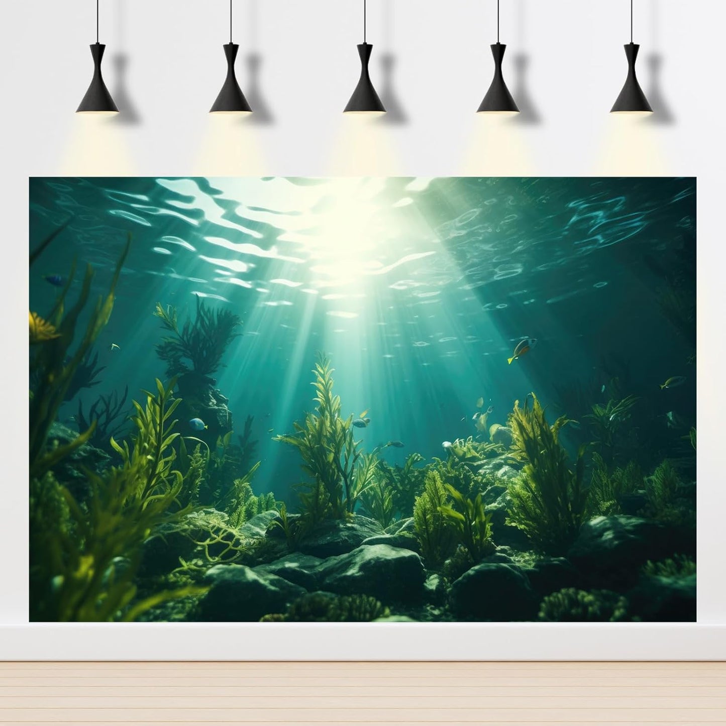 Ocean Aquarium Background Aquatic Plants with Rocks Terrarium Backdrop Sunlight Rays Deep Sea Fish Tank Background Aquarium Wallpaper Poster Decor Vinyl 36x18in
