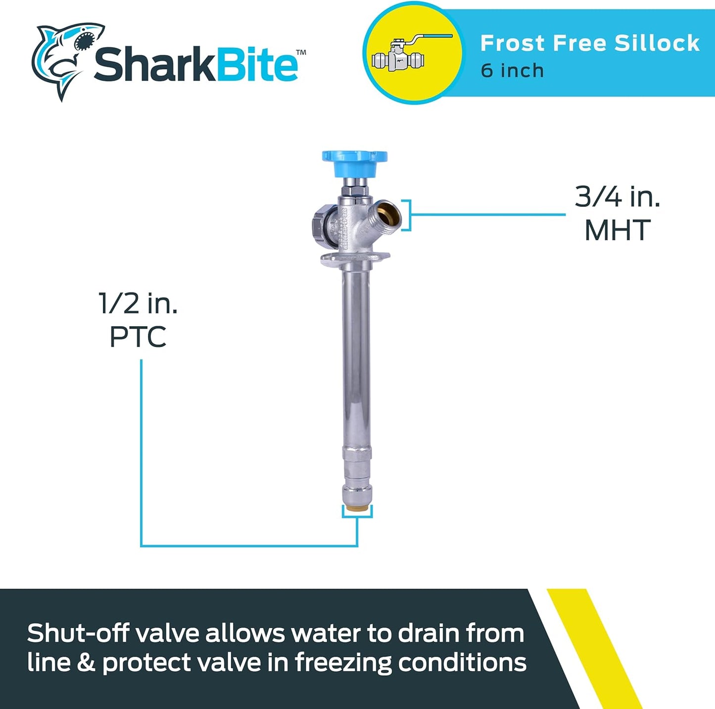 SharkBite 6 Inch Frost Free Sillcock, 1/2 x 3/4 Inch MHT, Push to Connect Brass Plumbing Fitting, PEX Pipe, Copper, CPVC, PE-RT, HDPE, 25744LF