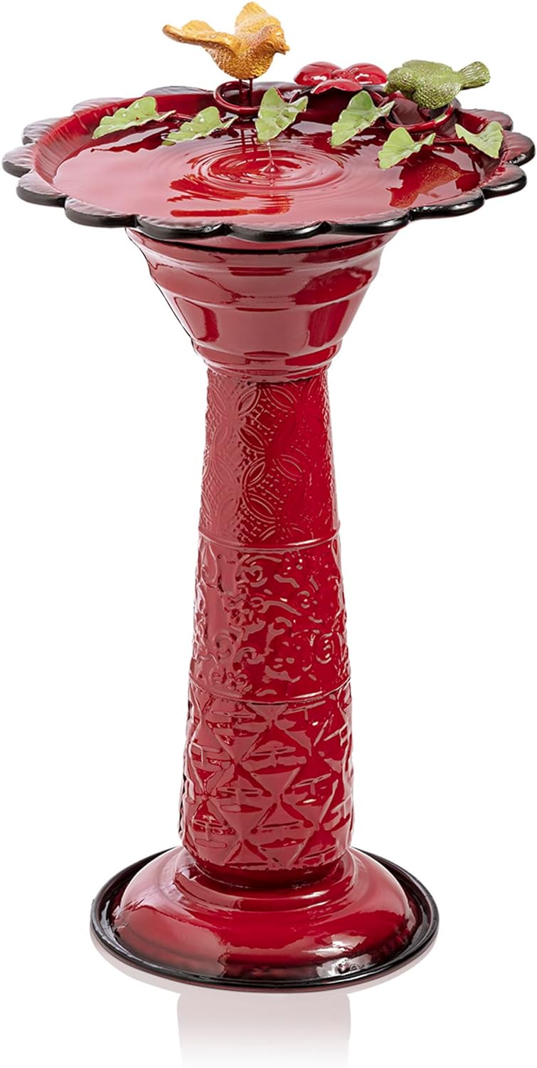 Alpine Corporation - 28" Tall Outdoor Metal Birdbath with Birds and Leaves Yard Statue Decoration, Red – Stunning Garden Accent to Attract Birds - Durable Construction for Patio, Deck, or Yard