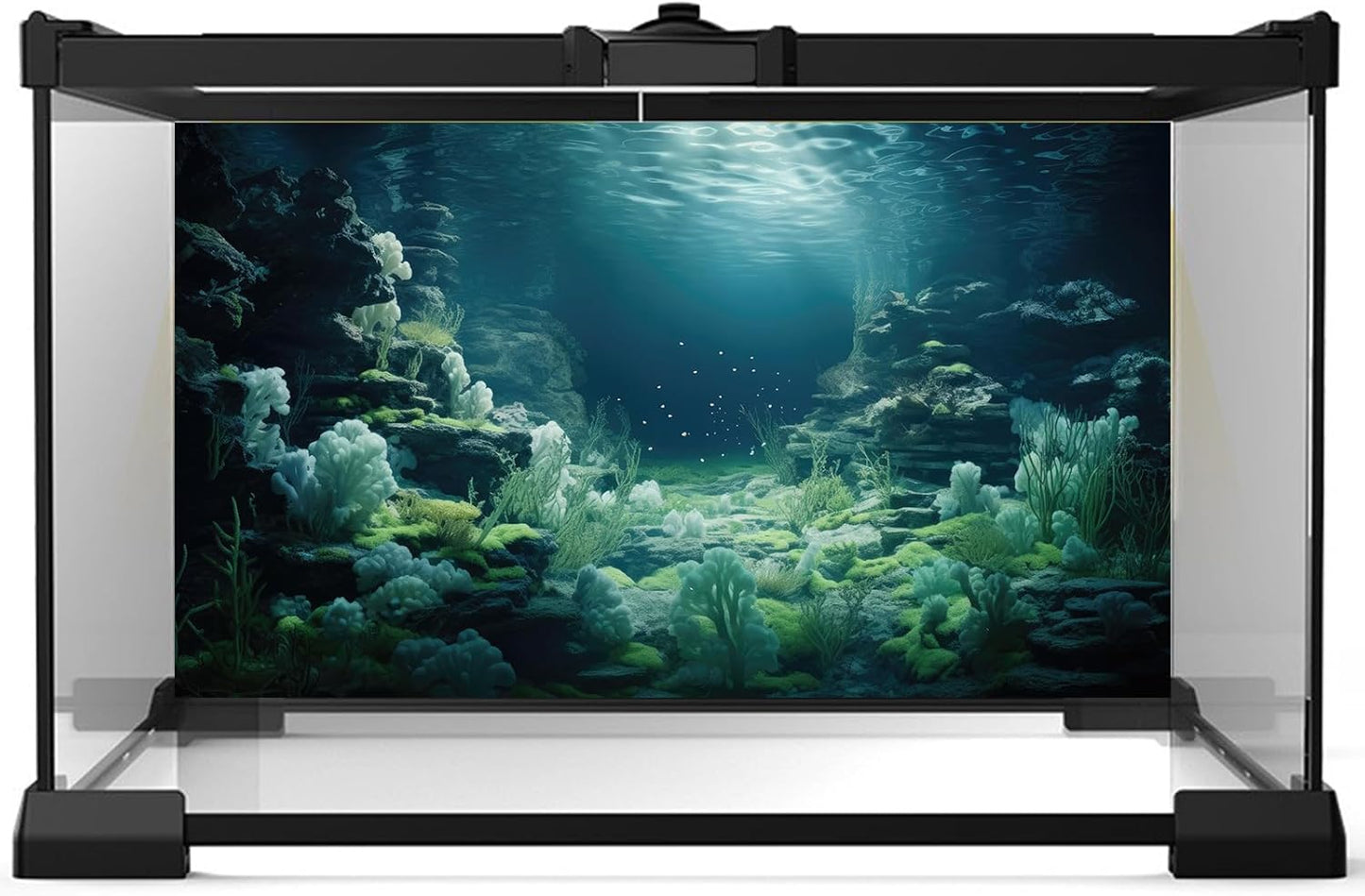Aquarium Background Underwater Bioluminescent Life Coral Terrarium Backdrop White Coral Lush Moss Fish Tank Background Rock Sunlight Rays Tank Aquarium Wallpaper Poster Vinyl 24x16in
