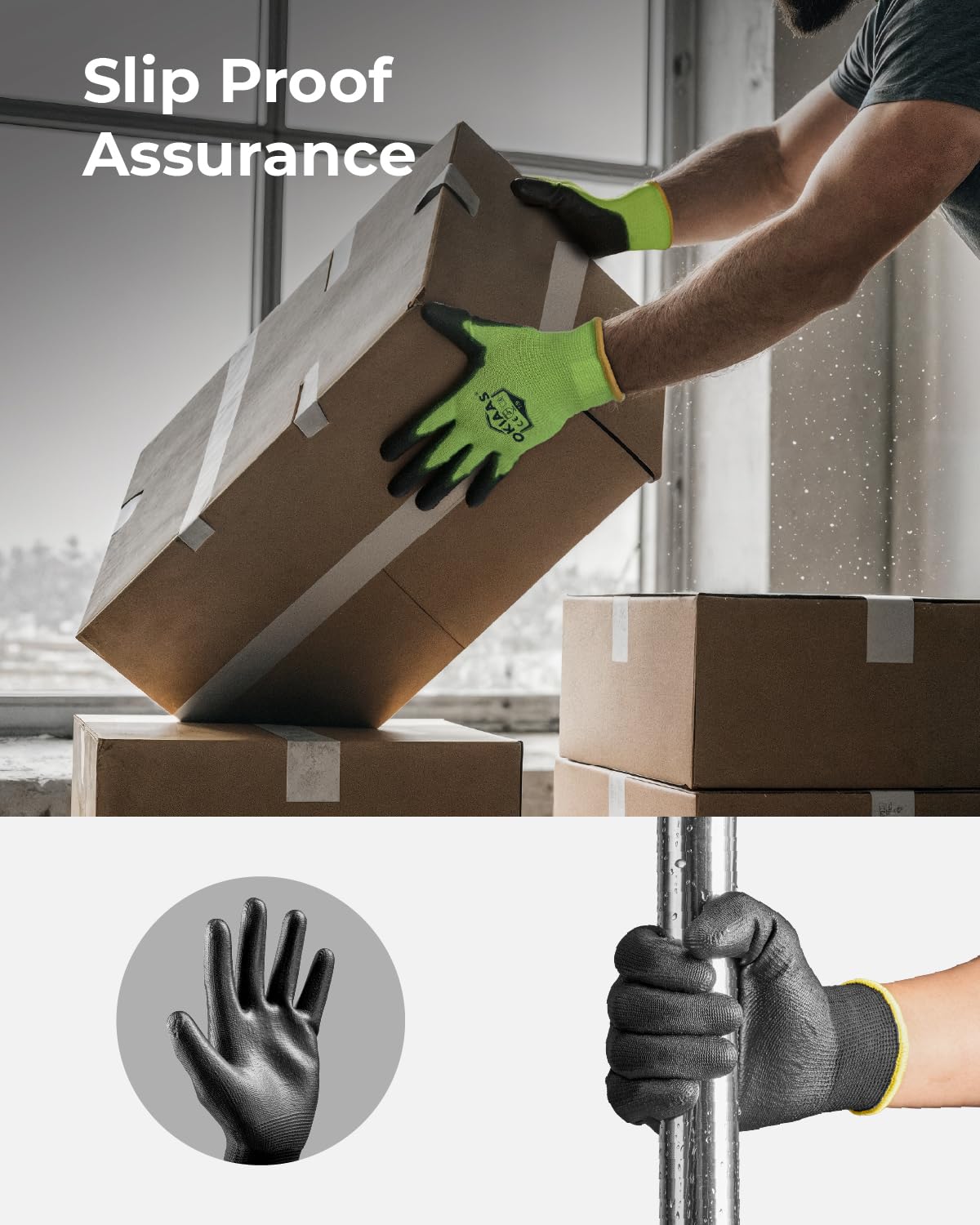 OKIAAS Work Gloves for Men, Ultra Thin and Lightweight with Grip, Bulk Case of 60 Pairs Construction Gloves with Polyurethane Coating, Safety Gloves for Light Duty Work (Black, Small)