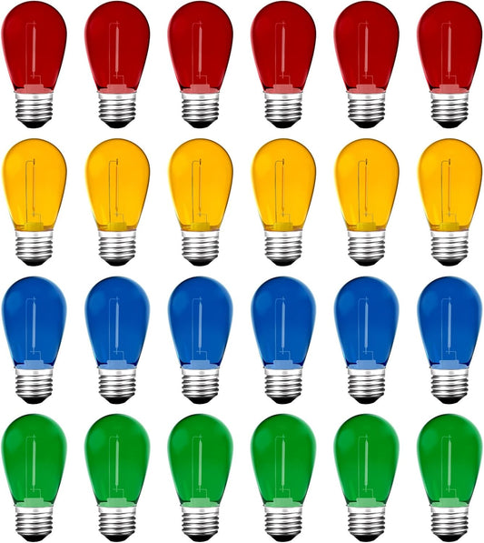 24Pack S14 Colored LED String Light Bulbs,1Watt Plastic Shatterproof Waterproof Outdoor Indoor Replacement Bulbs for Home Decor, E26 Medium Base, Multi-Color: Red/Green/Blue/Orange