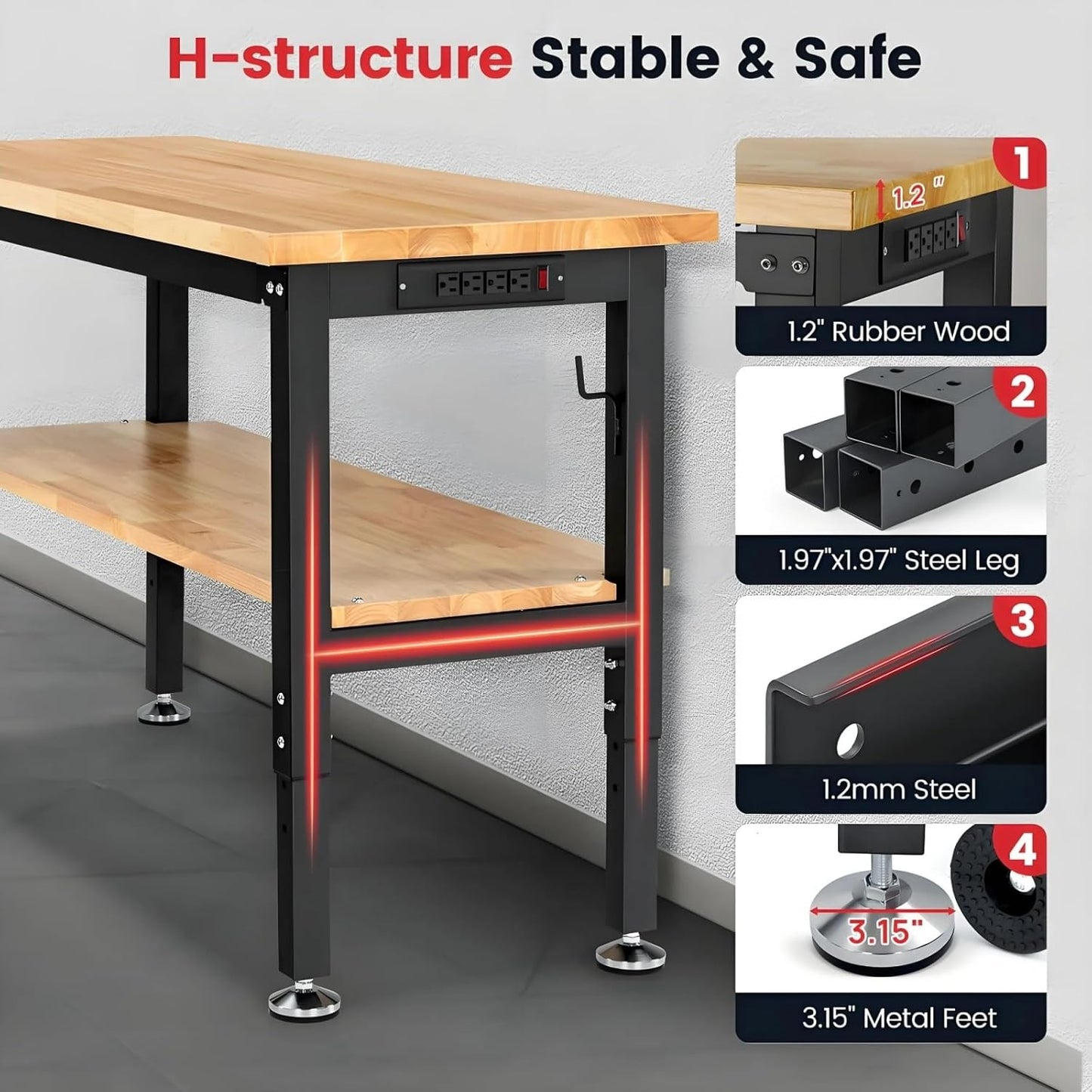 Workbench with Double Layers 48 x 20 Inch Heavy Duty Rubberwood Tabletop Work Table for Garage Adjustable Height Work Bench with Power Outlets Pegboard Pad for Woodworking Shop, Home, Office