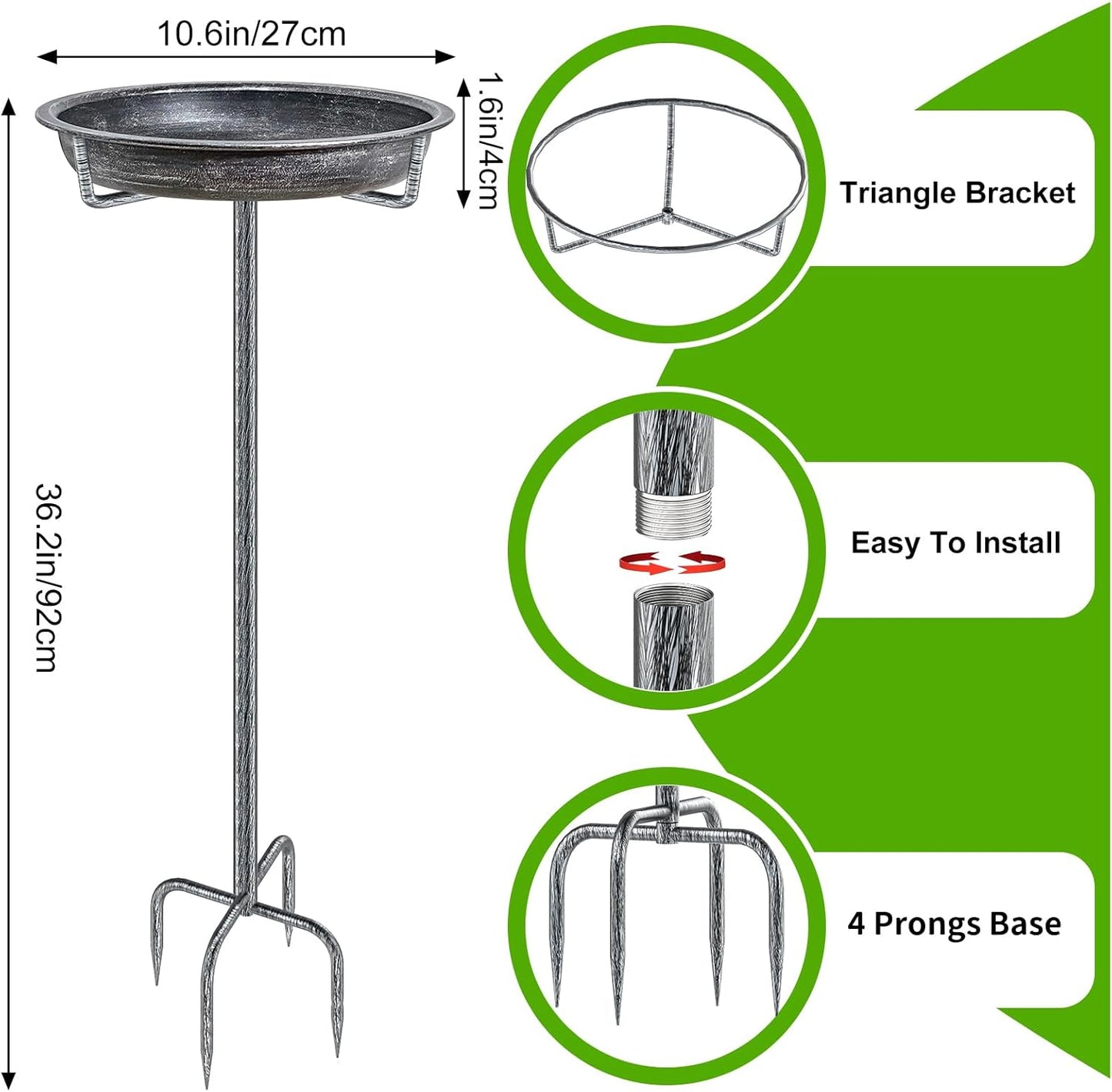 Metal Bird Bath for Outdoors Garden Birdbath Bowl, 36.2" Height Freestanding Bird Feeders for Outside with 4 Prongs Base Stake, Standing Birdfeeders for Yard Lawn Decor (Retro Silver)