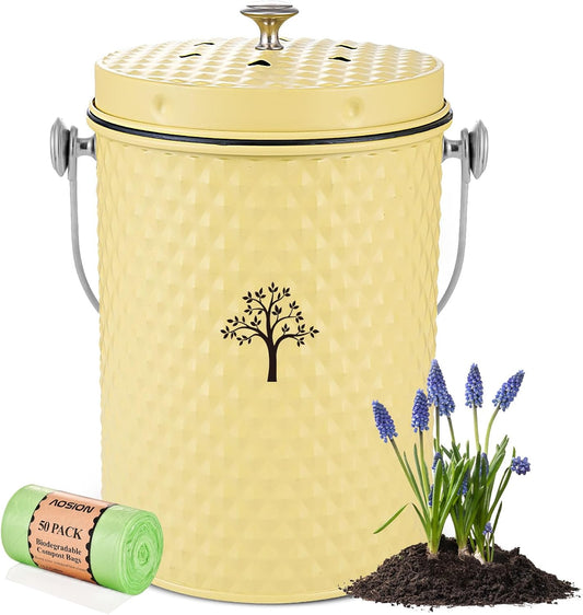 AOSION Countertop Compost Bin Kitchen,Odor Resistant Indoor Compost Bin with Lid and Compost Bags,Compost Bucket Composter Container for Food Waste,Yellow