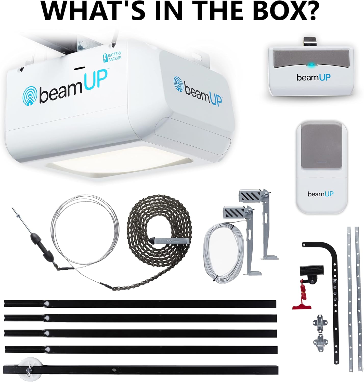 Everlift BU250 Sectional Garage Door Opener with Battery Backup, Heavy-Duty Chain Drive for Single or Double Doors, Wall Mount, and Remote Garage Opener, Quick and Easy Installation, White