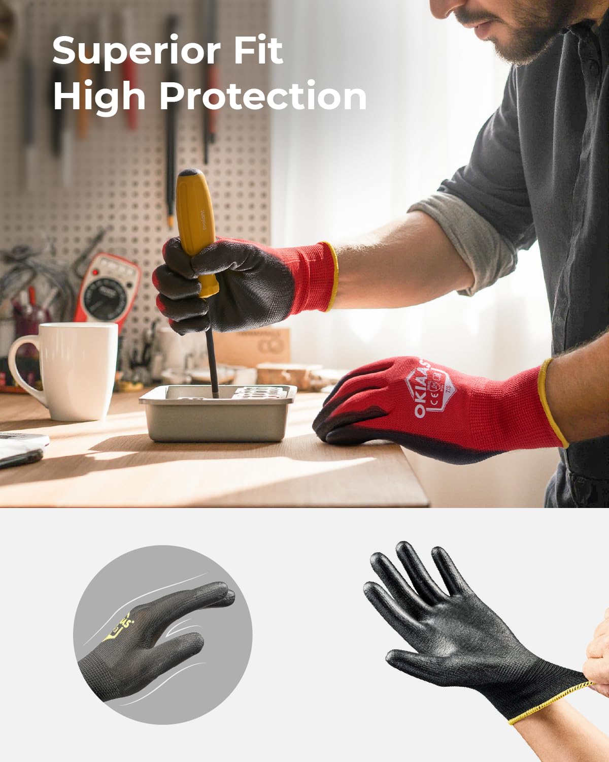 OKIAAS Work Gloves for Men, Ultra Thin and Lightweight with Grip, Bulk Case of 60 Pairs Construction Gloves with Polyurethane Coating, Safety Gloves for Light Duty Work (Black, Small)