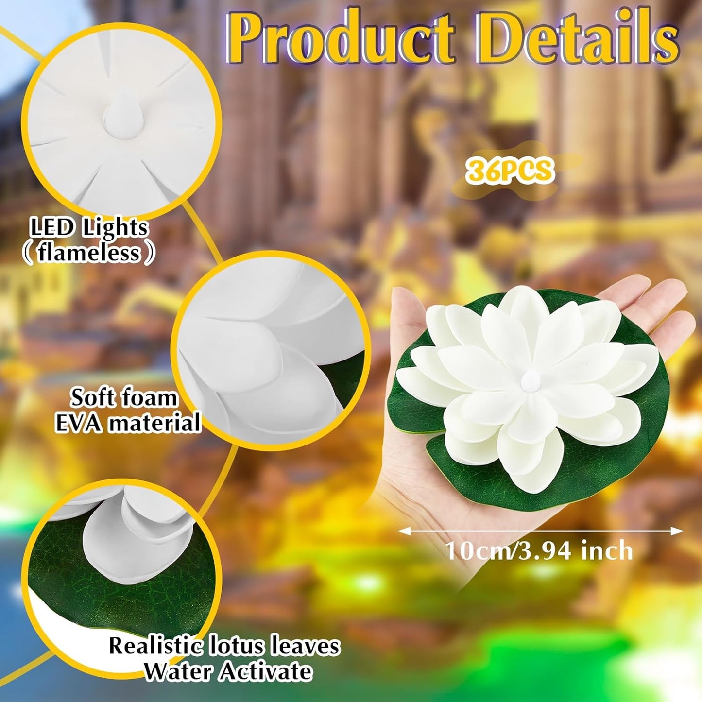 Liliful 36 Pcs Diwali Lotus Decoration Floating Lights Lotus Artificial Floating Flowers for Pool with LED Lights Battery Operated for Indian Puja Ganesh chaturthi Diwali(3.94 Inch,White)