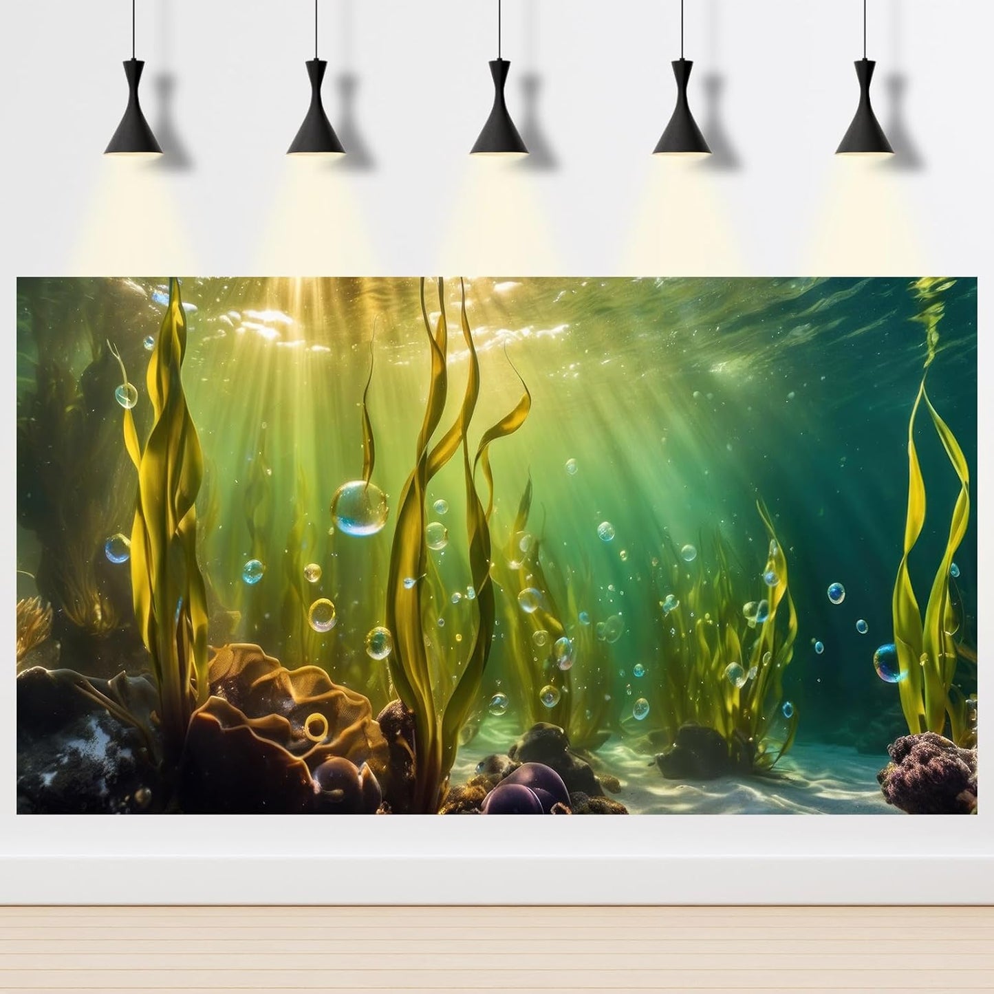 Aquarium Background Underwater Beautiful Coral Reef with Seaweed Bubbles Terrarium Backdrop Aquatic Plants Sunlight Rays Fish Tank Background Tank Aquarium Wallpaper Poster Decor Vinyl 24x16in