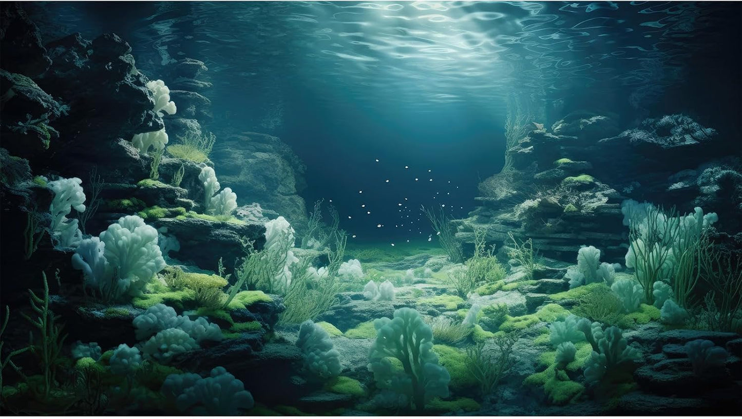 Aquarium Background Underwater Bioluminescent Life Coral Terrarium Backdrop White Coral Lush Moss Fish Tank Background Rock Sunlight Rays Tank Aquarium Wallpaper Poster Vinyl 24x16in