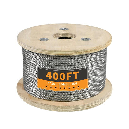 1/4" Stainless Steel Cable, 400FT Wire Rope, 7X19 Strands Aircraft Cable, 6400lbs Breaking Strength, for Zipline, Outdoor, Deck Railing, Heavy Duty Applications, Hanging