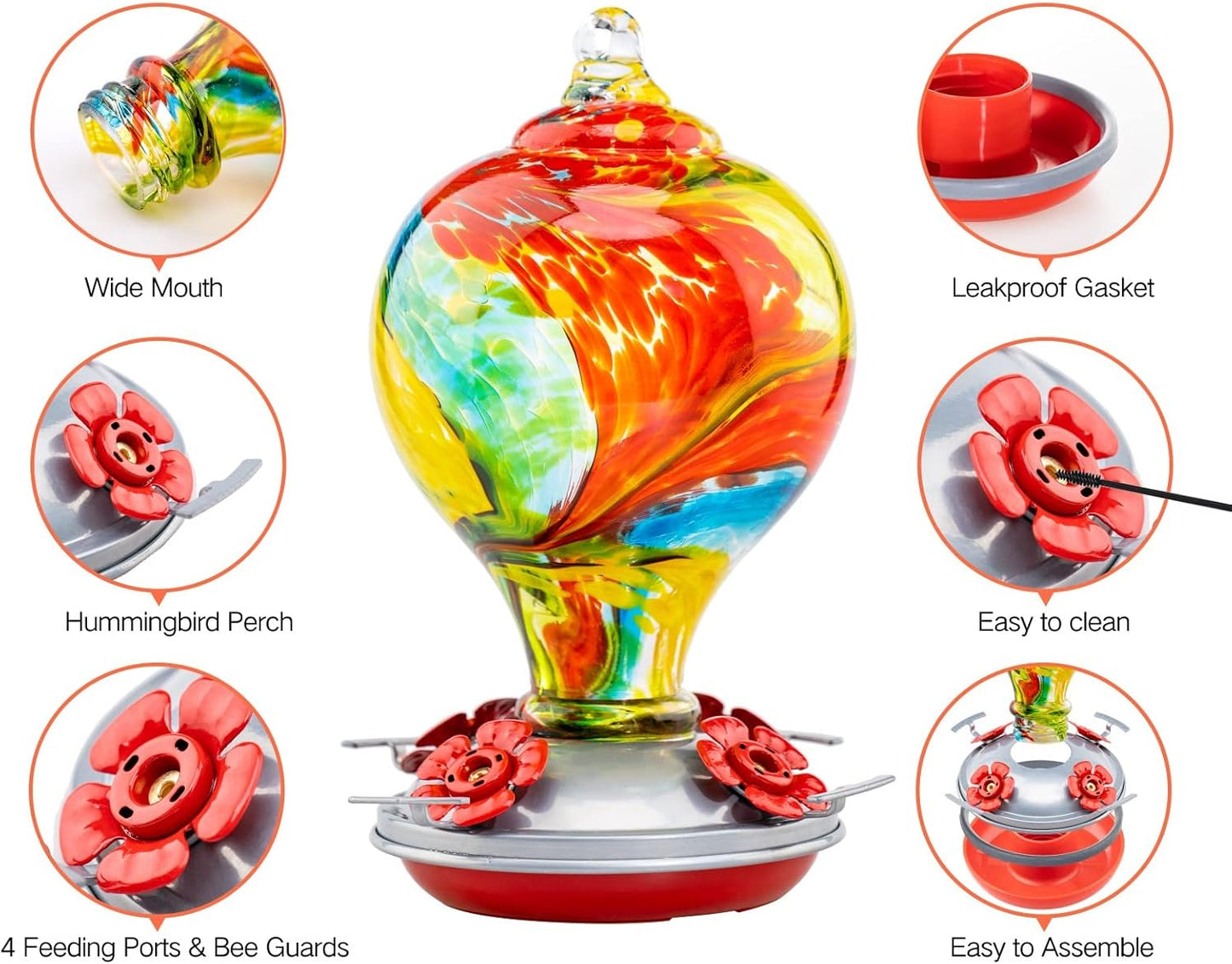 Muse Garden 32OZ Hummingbird Feeders Hanging, Blown Glass Hummingbird Feeder, Garden Backyard Decor, Carnival