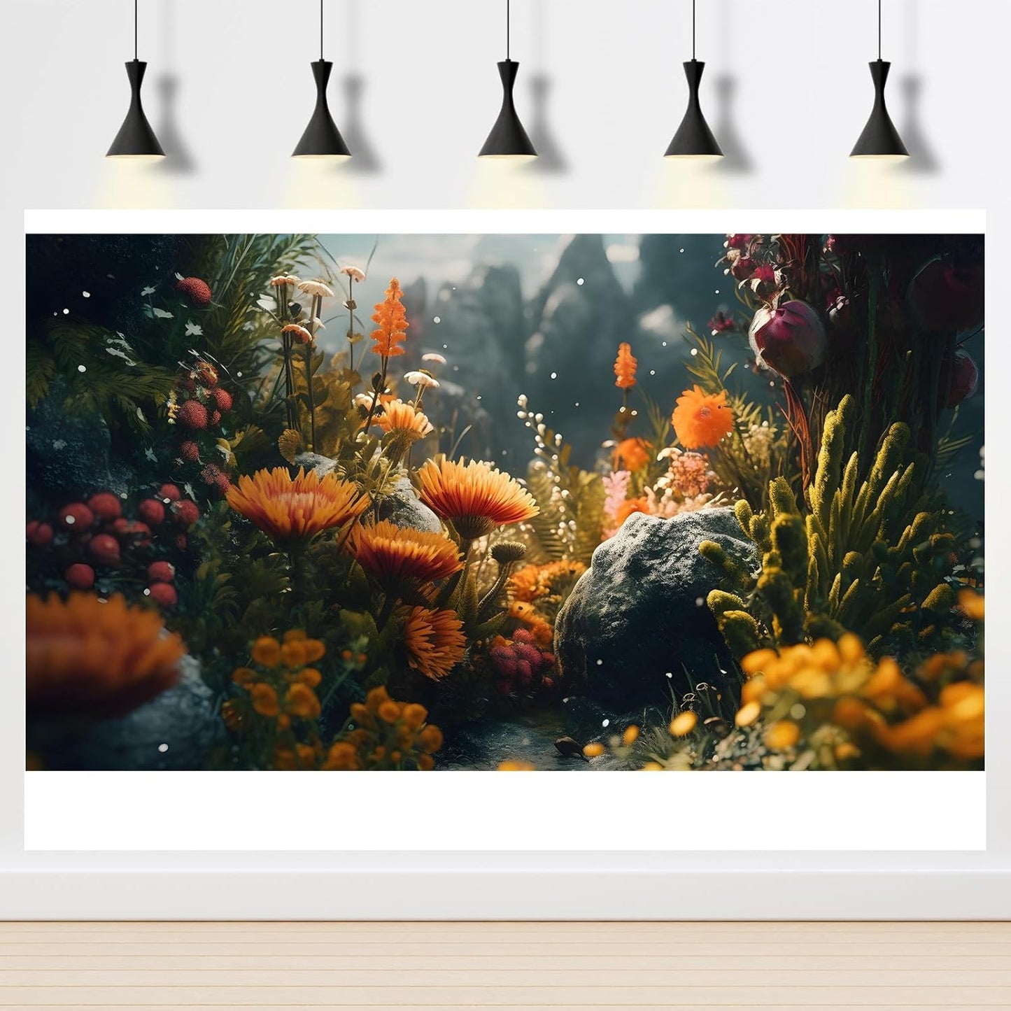 Foggy Stone Terrarium Background Green Seaweed Scenery Orange Floral Aquarium Background Durable Reptile Habitat Flower Background Mysterious Tank Backdrop Vinyl 24x16in