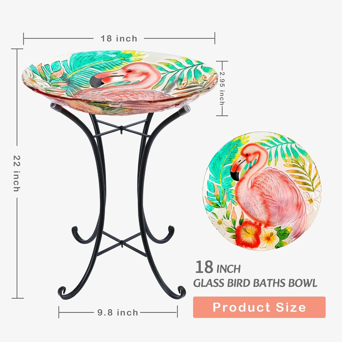 VCUTEKA 18" Outdoor Glass Birdbath with Sturdy Metal Stand for Lawn, Yard, or Garden Decor Bird Lovers Gift, Flamingo Bird Bath Detachable, 22" Height