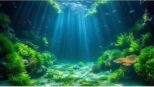 Aquarium Background Aquatic Plants Soft Algae Terrarium Backdrop Underwater World Fish Rock with Moss Sunlight Rays Fish Tank Background Aquarium Wallpaper Poster Decor Vinyl 24x12in